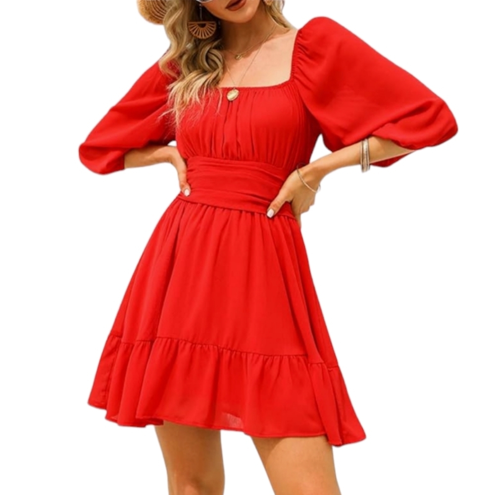 Exlura SM Red Ruffled Bell Sleeve Off-the-Shoulder Mini Flare Dress